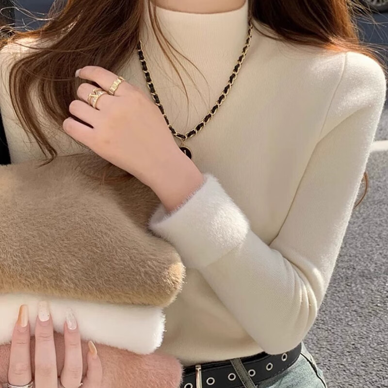 Yu Zhaolin (YUZHAOLIN) velvet bottoming shirt half turtleneck sweater for women autumn and winter new thickened warm inner white sweater top