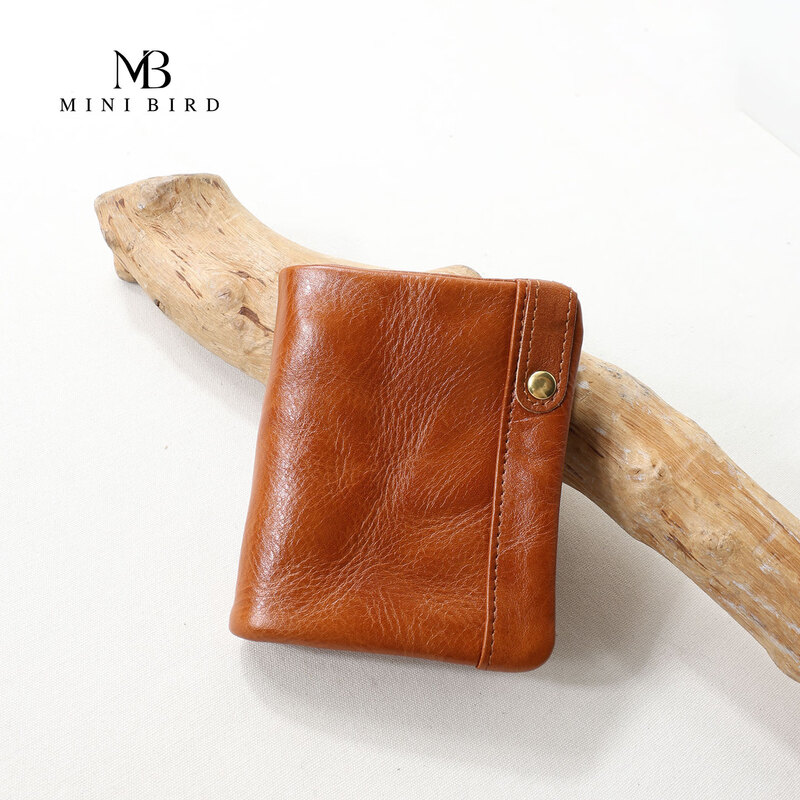 Minibird Vegetable Tanned First Layer Cowhide Wallet Women's Casual Genuine Leather Hand Scratched Short Retro Portable Card Holder Anchor Red