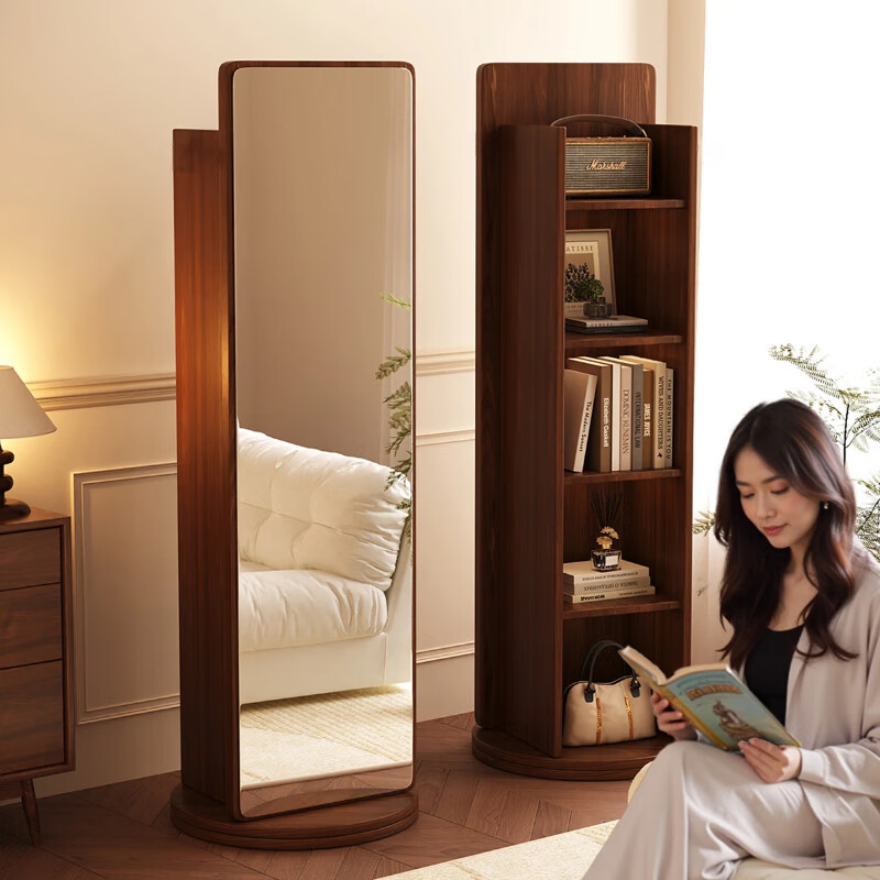 Small craftsman rotating full-length mirror floor-standing full-length mirror home bedroom bookshelf storage fitting dressing mirror white 170*43