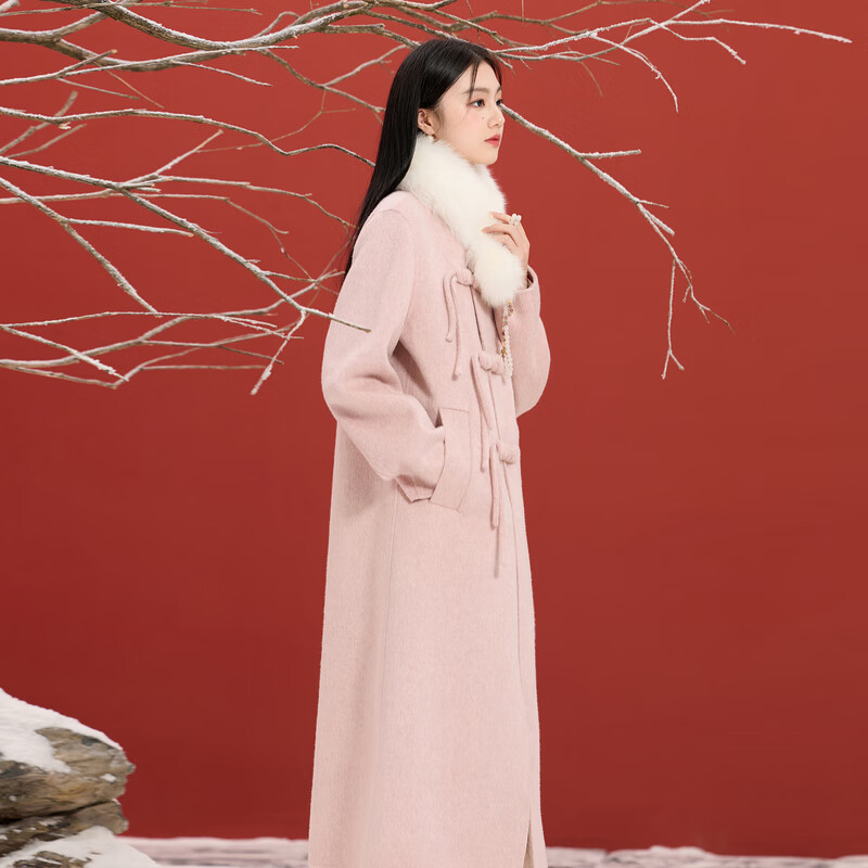 Three-color plum shadow sparse 2025 winter new sheep wool plate buckle double-sided woolen coat loose long style C Cherry Blossom Pink S 155/80A