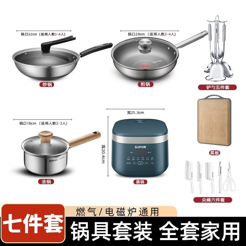 SUPOR non-stick wok smoke-free kitchen full pot set pan soup pot frying pan gas induction cooker (land) stainless steel seven-piece set stir-fry + milk + fry + knife + spatula + plate + rice