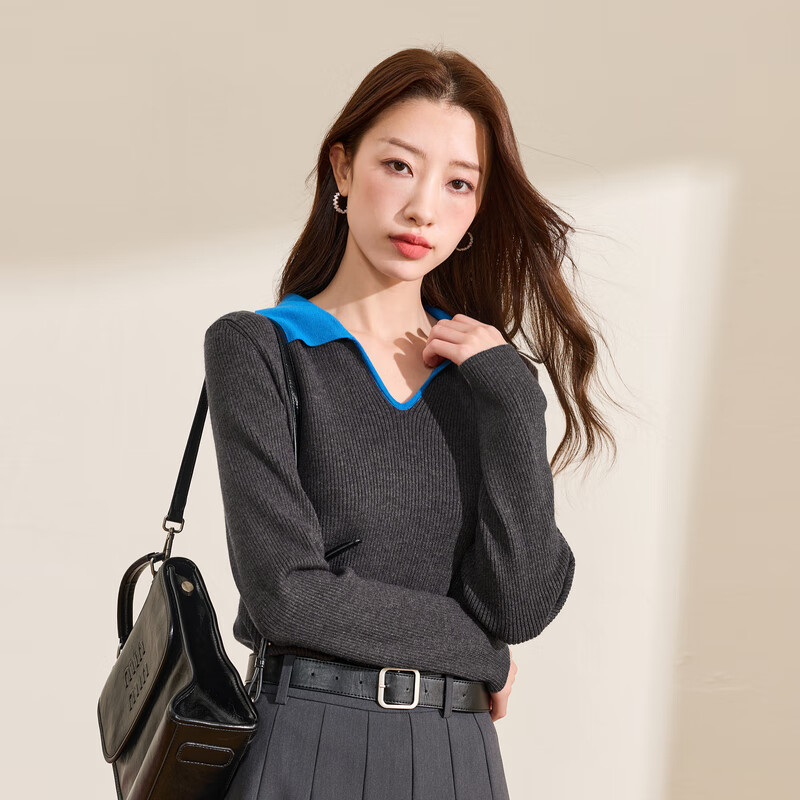 Three-color large size women's clothing 2025 winter new contrast color lapel sweater sweater pullover slimming fat MM