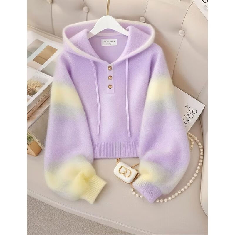 XiangDuoEr (XiangDuoEr) Korean purple loose lazy style high-end hooded sweater 2025 autumn new style casual knitted top Purple 3434# M recommended within 100 pounds