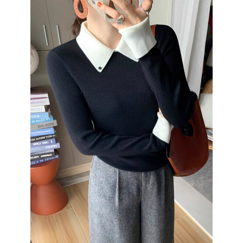 Black Polo collar fake two-piece knitted bottoming shirt for women in autumn and winter, slim-fitting short sweater with elegant long-sleeved top, navy blue, one size fits all