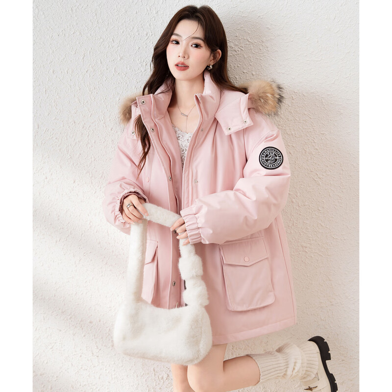 TonLion 2025 Winter Women's Left Sleeve Embroidered Badge Design Stand Tie Hat One-hand Long Down Jacket