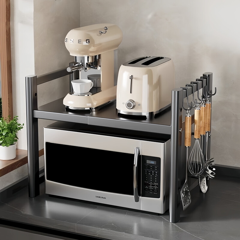 Kexiangtu kitchen microwave oven rack retractable household double-layer oven rack countertop tabletop rice cooker storage rack black single layer-fixed version bold and thickened with hook