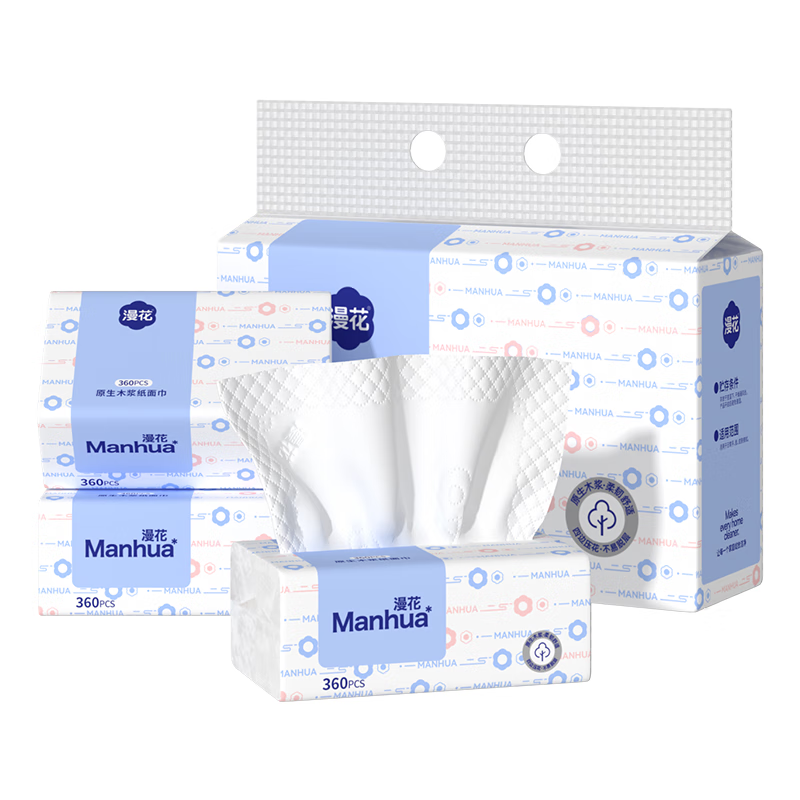 Flower moiré blue tissue paper 5 layers 360 sheets * 6 packs/carry household hand towel napkins skin-friendly and non-irritating