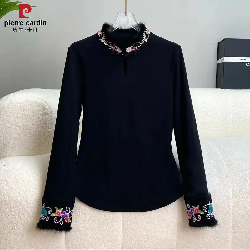 Pierre Cardin autumn and winter new German velvet national style embroidered bottoming shirt autumn plus velvet 200 pounds new Chinese style plate button long-sleeved T-shirt for women white 2XL suitable for about 135-150 pounds