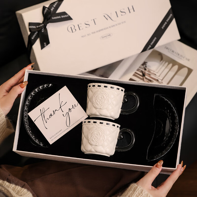 Romance Days small fragrant style coffee cup set, light luxury high-end ceramic cup and saucer gift box, wedding gift for best friend, gift for newlyweds, small fragrant style pair of cup and saucer set, textured white gift box, gift bag