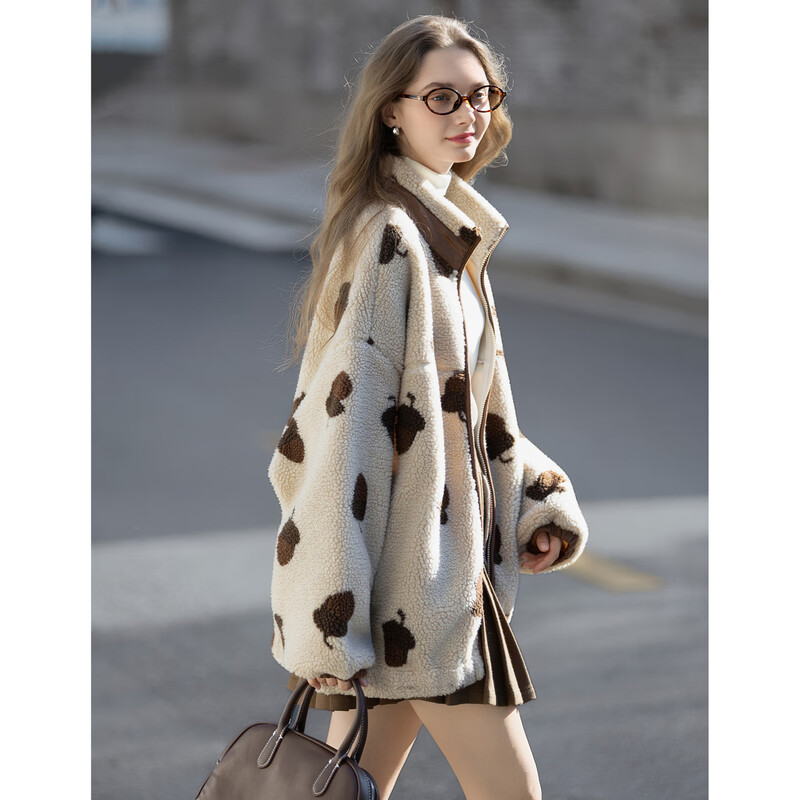 TonLion 2025 Autumn and Winter Women's Stand Collar Fully Printed Hand-Length Imitation Lamb Hair Jacket