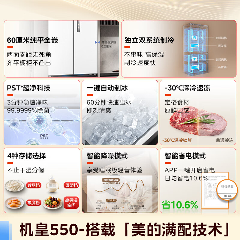 Midea M60 series 550 King French refrigerator multi-door four-door flat screen fully embedded dual system dual cycle automatic ice making all-in-one machine large capacity first-class energy efficiency government subsidy MR-550WUFIPZE Xiyun White Midea King