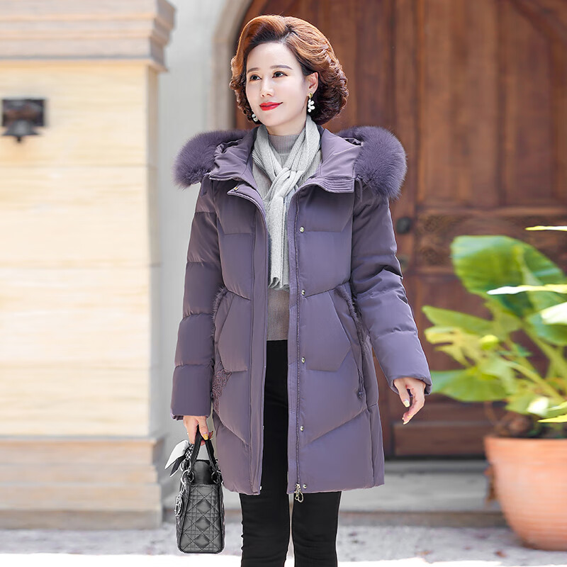 Snow Flying Down Jacket Women's 2025 Mid-Length Loose Fox Fur Collar Middle-aged and Elderly Mother's Wear Violet 2XL