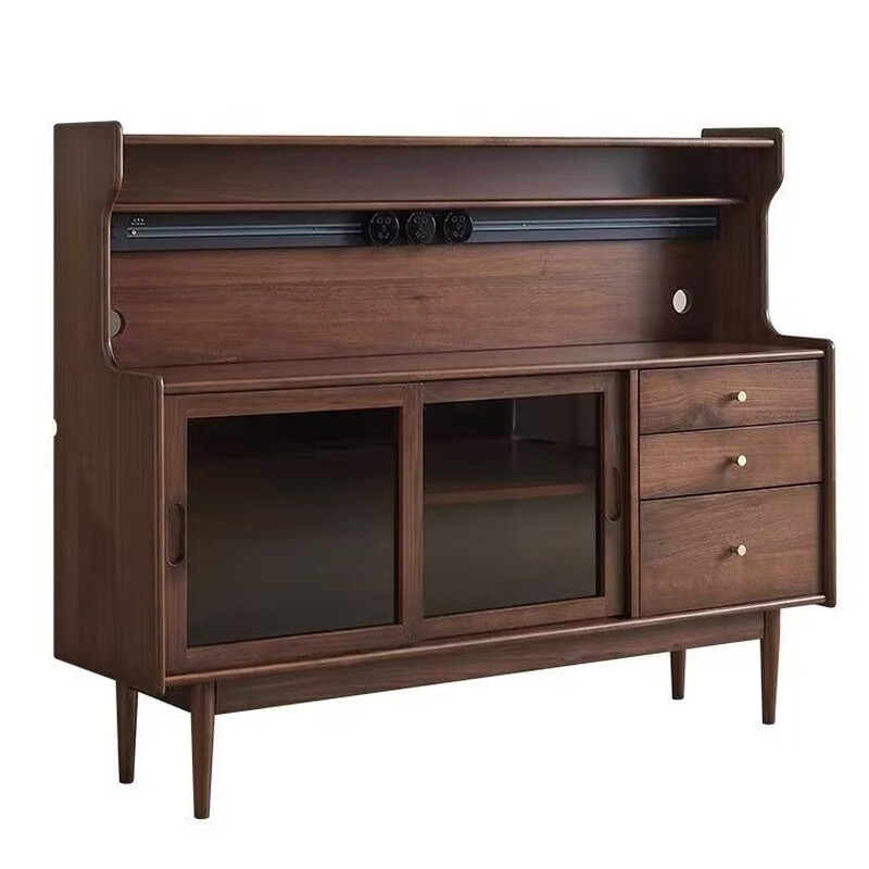 Kongjiang solid wood sideboard integrated wall cabinet mid-century style black walnut color multi-functional storage wine cabinet tea cabinet 120.40.117cm walnut color (with power track)