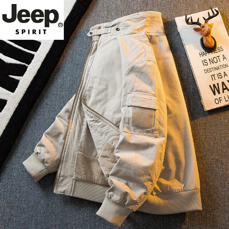 JEEP SPIRIT high-end lamb velvet stand-up collar workwear bomber jacket for men in autumn and winter warm plus velvet thickened cotton-padded jacket off-white M (95-115 pounds)