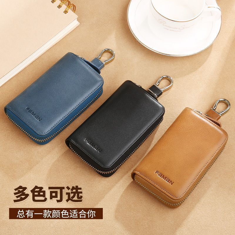 Ye Yu Creative Key Bag Men's Large Capacity Genuine Leather Retro Zipper Key Storage Bag Multi-Function Car Key Bag Cowhide Black/No Waist Hanging Version Replacement if damaged within one year