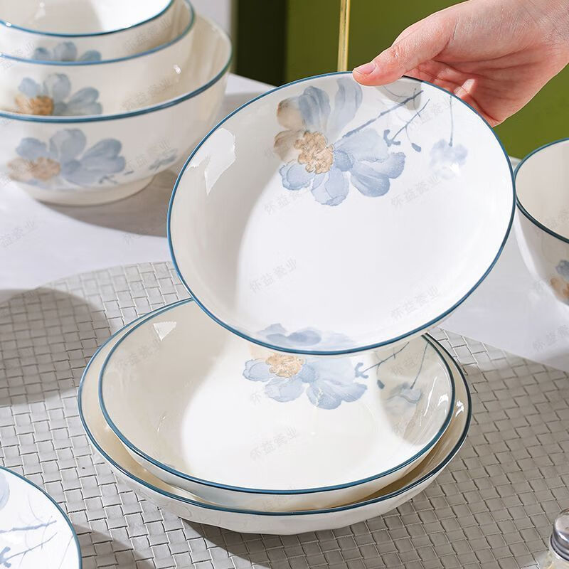 Taixige New High-Looking Exquisite Underglaze Colored Ceramic Tableware Anti-scalding Internet Celebrity Rice Bowl Dinner Plate Thickened New Ceramic Tableware Ningxiang Series Underglaze Colored Ceramic Tableware 6.5-inch Round Plate 10 Pack