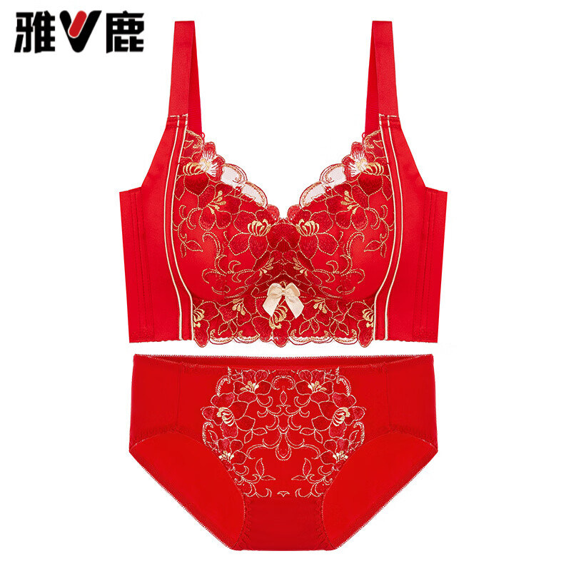 Yalu animal year bra set small breast push-up thick style auxiliary breasts without steel ring thick embroidery red bra set set red 90A 40