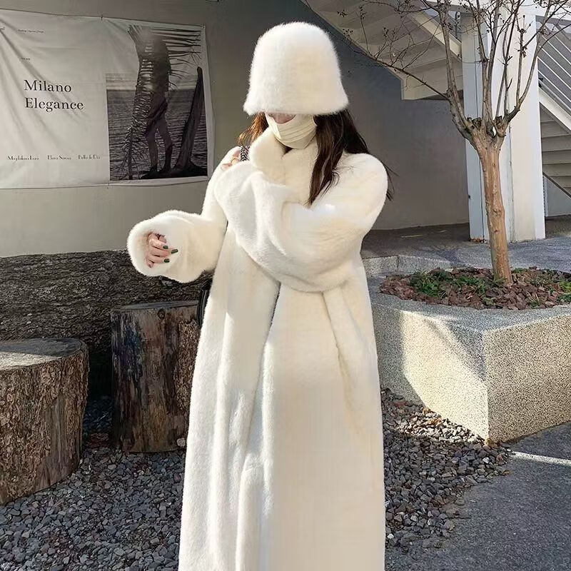 Fur coat for women winter new style thickened long stand collar imitation mink fur eco-friendly fur coat for women autumn and winter off-white plus velvet M 110-130 catties