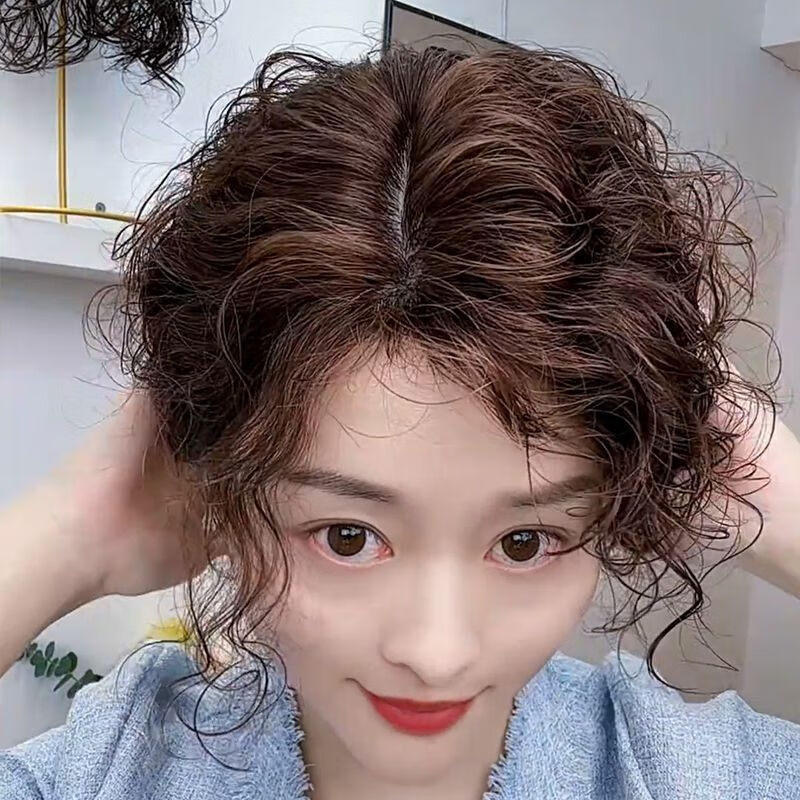 Tangni's top-of-the-head replacement wig for small curly hair, medium-parted wig for women to cover white hair and increase hair volume, fluffy wool curly replacement wig, nano ice mesh 11*13, brown and black 25cm