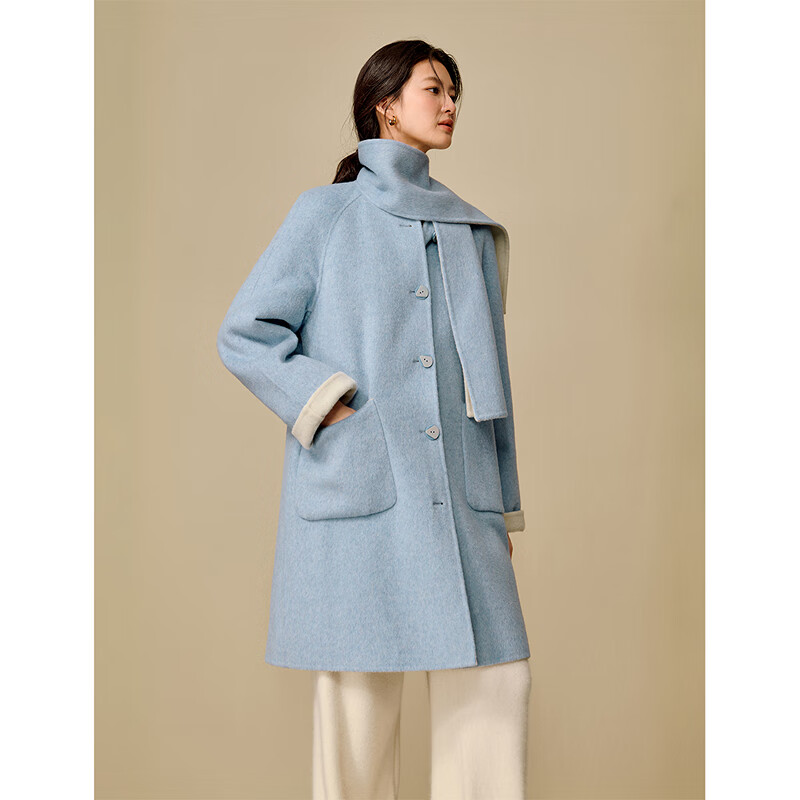 Inman Irregular Scarf Collar Double-sided Woolen Coat 2025 Winter Women's New Woolen Coat Sky Blue S