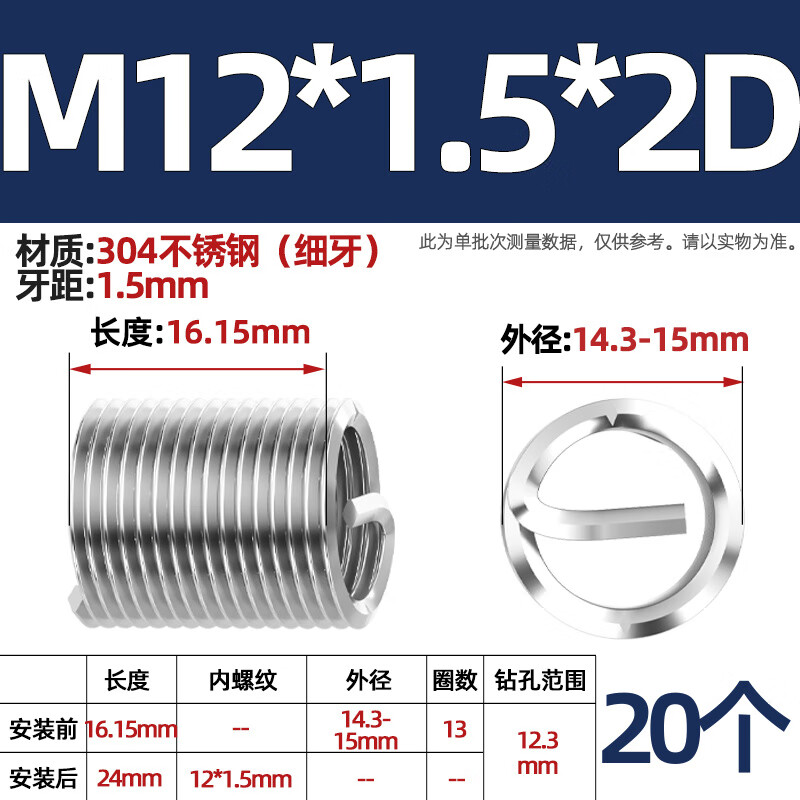 Tianzhuo Hardware 304 stainless steel wire threaded sleeve threaded sheath screw sleeve American fine thread M2M3M4M5M6M8-M24 M12*1.5*2D-20 pieces