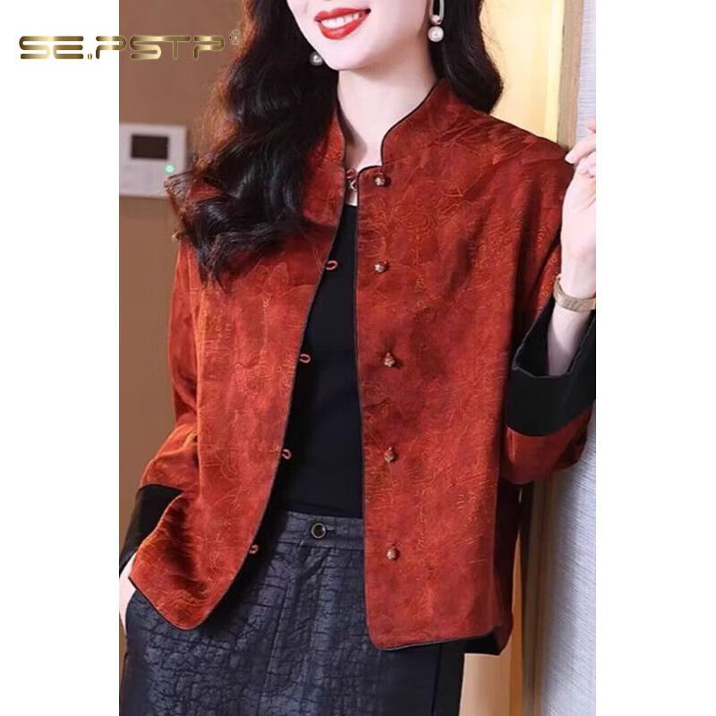 Xia Dian Suding Queen (SE.PSTP) Chinese style modified fragrant cloud yarn short coat 2025 spring and autumn new national style retro stand collar jacquard mother's wear top Orange Red XL 120-145 catties
