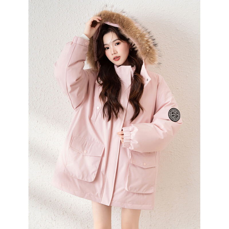 TonLion 2025 Winter Women's Left Sleeve Embroidered Badge Design Stand Tie Hat One-hand Long Down Jacket