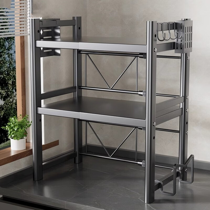 Kexiangtu kitchen microwave oven rack retractable household double-layer oven rack countertop tabletop rice cooker storage rack black single layer-fixed version bold and thickened with hook