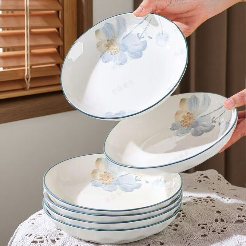 Taixige New High-Looking Exquisite Underglaze Colored Ceramic Tableware Anti-scalding Internet Celebrity Rice Bowl Dinner Plate Thickened New Ceramic Tableware Ningxiang Series Underglaze Colored Ceramic Tableware 6.5-inch Round Plate 10 Pack