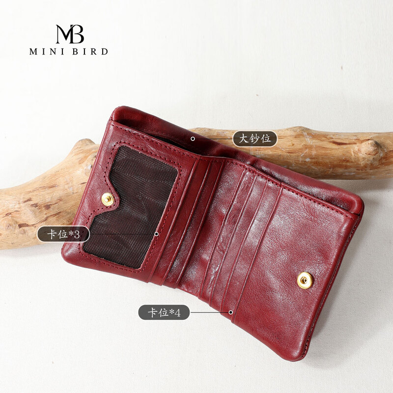 Minibird Vegetable Tanned First Layer Cowhide Wallet Women's Casual Genuine Leather Hand Scratched Short Retro Portable Card Holder Anchor Red
