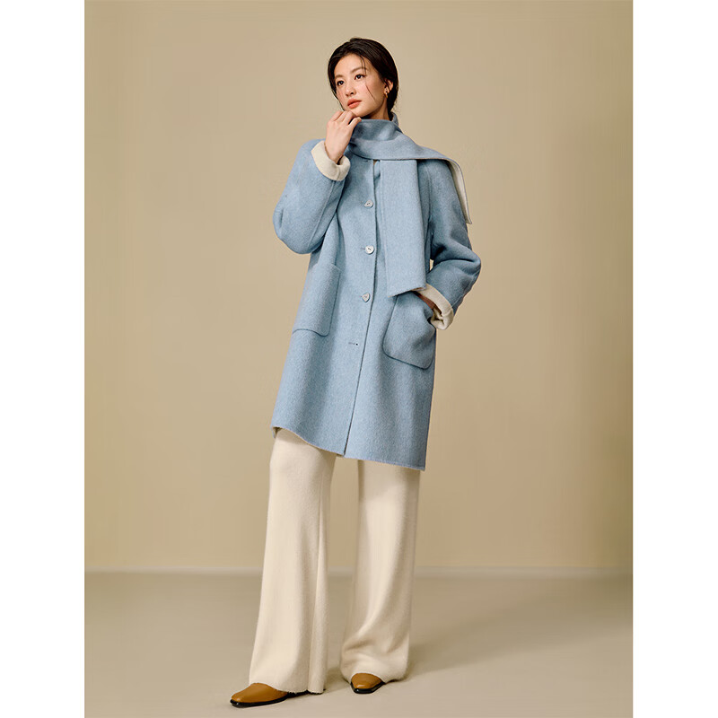 Inman Irregular Scarf Collar Double-sided Woolen Coat 2025 Winter Women's New Woolen Coat Sky Blue S