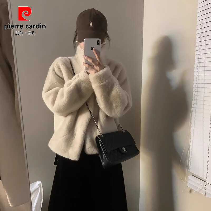 Pierre Cardin mink fur all-in-one coat for women 2025 winter new stand-up collar thickened eco-friendly fur top, apricot S 90-105 catties