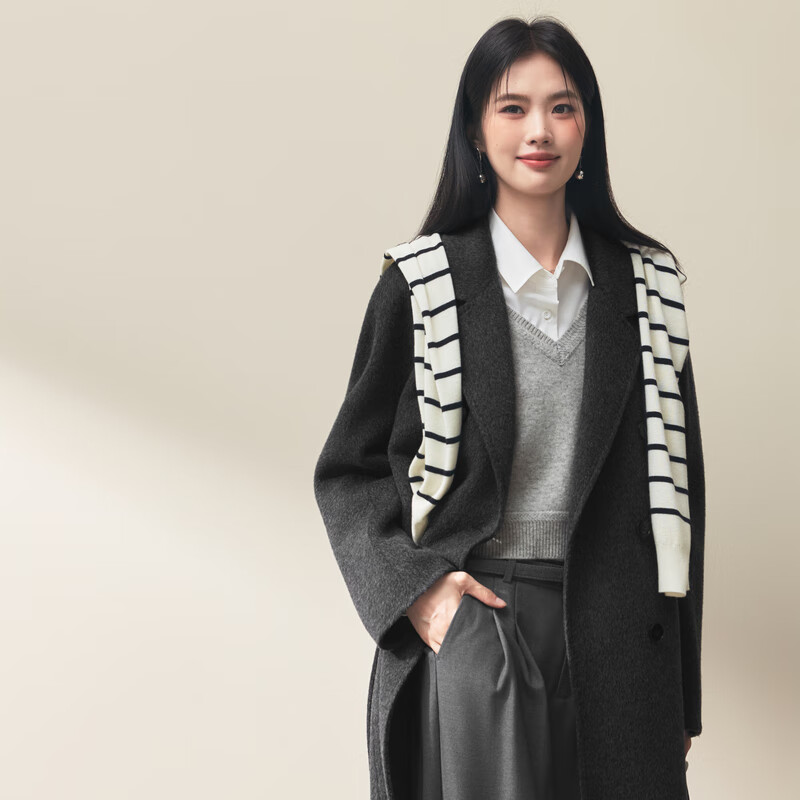 Eveli Jiang Xin word-of-mouth coat camel velvet silk double placket waist double-sided woolen coat women's autumn new style dark gray mid-length knee-length S