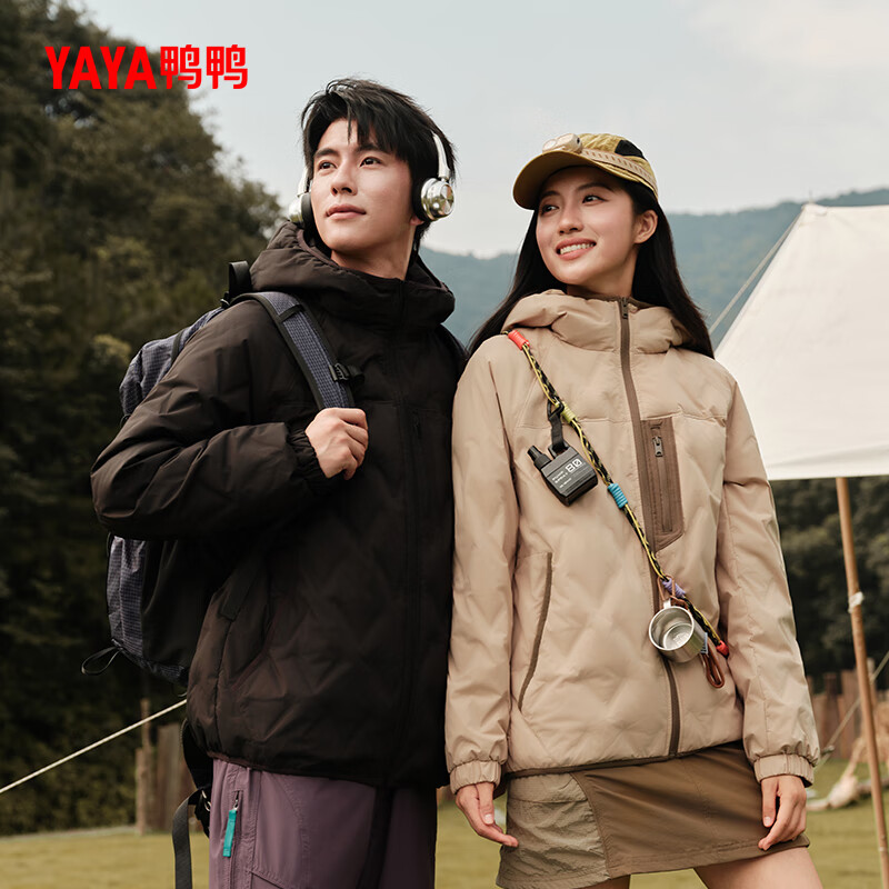 YAYA (YAYA) Huang Xiaoming same style light down jacket for men and women 2025 autumn and winter new short style hooded cold-proof duck down jacket khaki 2XL 185/100A