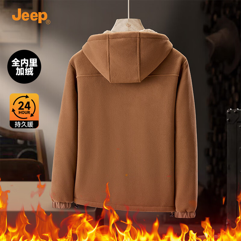 JEEP polar fleece hooded jacket men's autumn and winter new windproof thickened double-sided velvet men's jacket fleece jacket