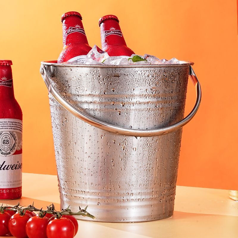 Internet celebrity ice bucket commercial stainless steel portable small ice bucket KTV bar champagne bucket red wine beer home thickened natural color-12CM portable-snack bucket 0.8L