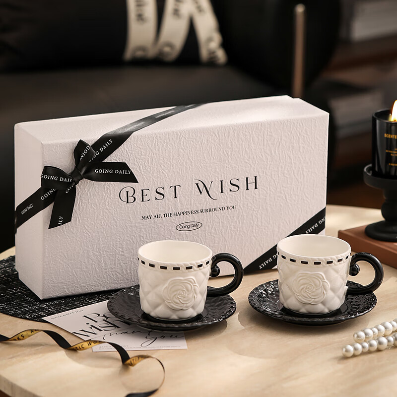 Romance Days small fragrant style coffee cup set, light luxury high-end ceramic cup and saucer gift box, wedding gift for best friend, gift for newlyweds, small fragrant style pair of cup and saucer set, textured white gift box, gift bag