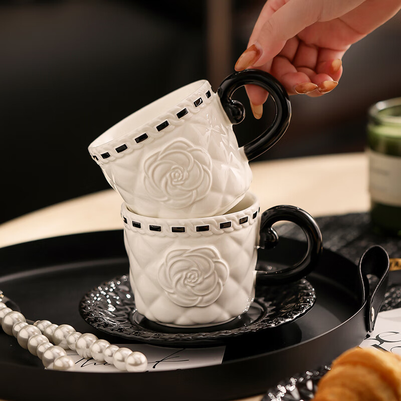 Romance Days small fragrant style coffee cup set, light luxury high-end ceramic cup and saucer gift box, wedding gift for best friend, gift for newlyweds, small fragrant style pair of cup and saucer set, textured white gift box, gift bag