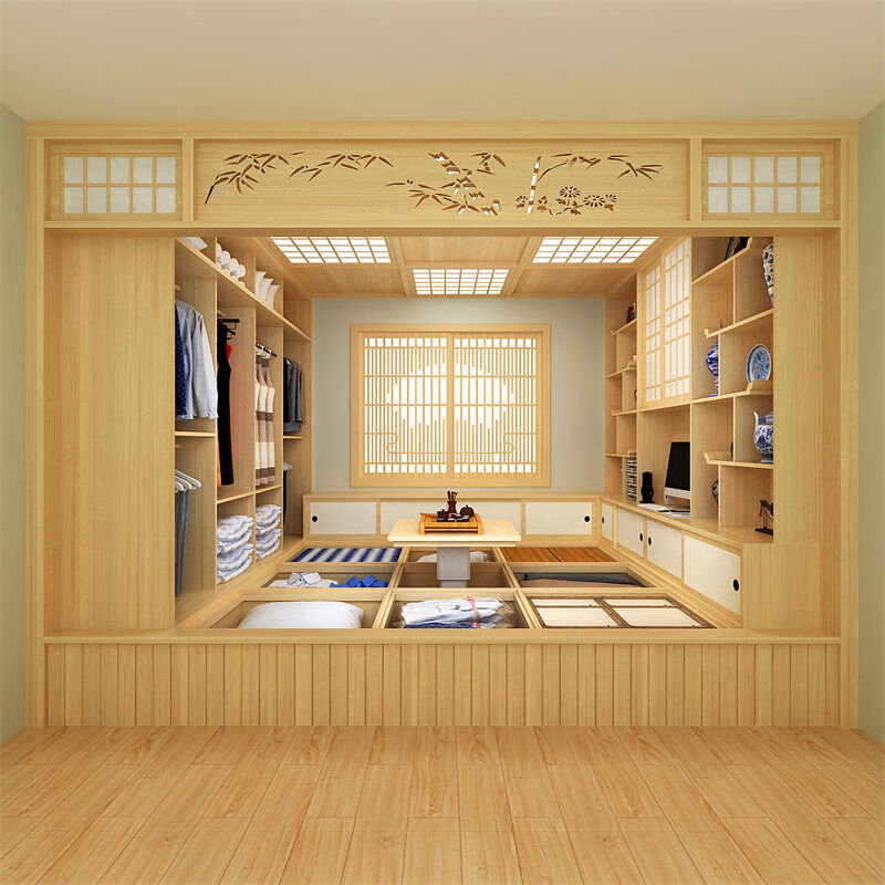 Taobao Spring and Autumn Solid Wood Japanese-style Japanese Room Chinese-style Study Room Balcony Living Room Room Bedside Table Integrated Overall Customized Tatami Measurement Deposit