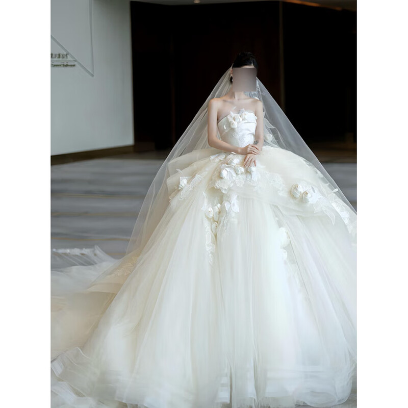 Xiaohanlu wedding dress bridal main yarn high-end French main 2025 new style tube top wedding going out yarn super fairy flower style light yarn floor-length style + wedding dress 3-piece set M recommended within 95 pounds