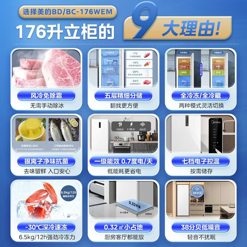 Midea 176L vertical household freezer air-cooled frost-free frequency conversion fully refrigerated freezer electronic temperature-controlled freezer first-class energy efficiency small refrigerator BD/BC-176WEM trade-in