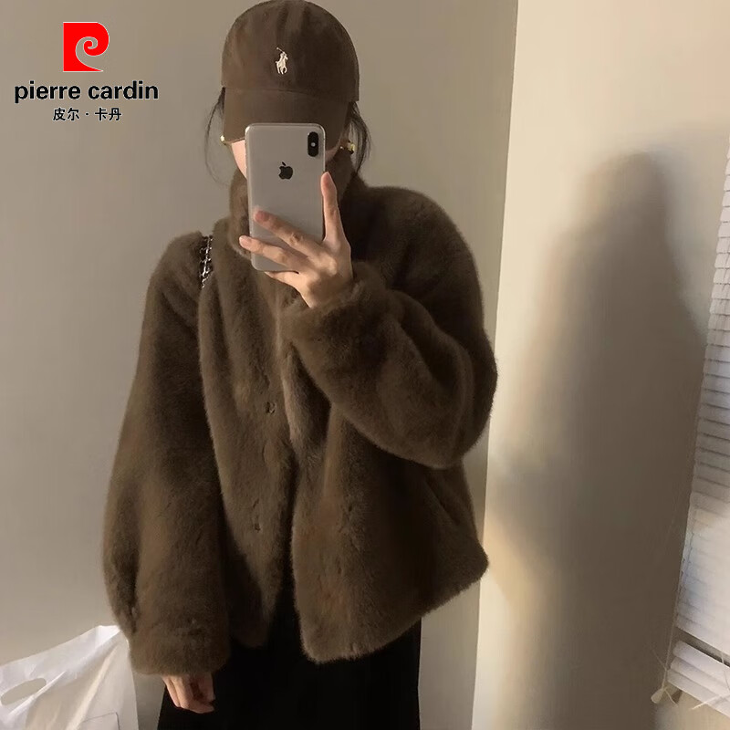 Pierre Cardin mink fur all-in-one coat for women 2025 winter new stand-up collar thickened eco-friendly fur top, apricot S 90-105 catties