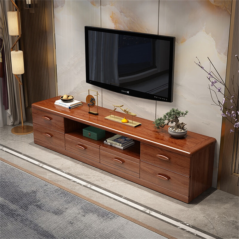Hengyun TV cabinet golden walnut solid wood TV coffee table combination cabinet floor cabinet simple living room Chinese style boutique furniture 2.0m six-drawer TV cabinet golden walnut color