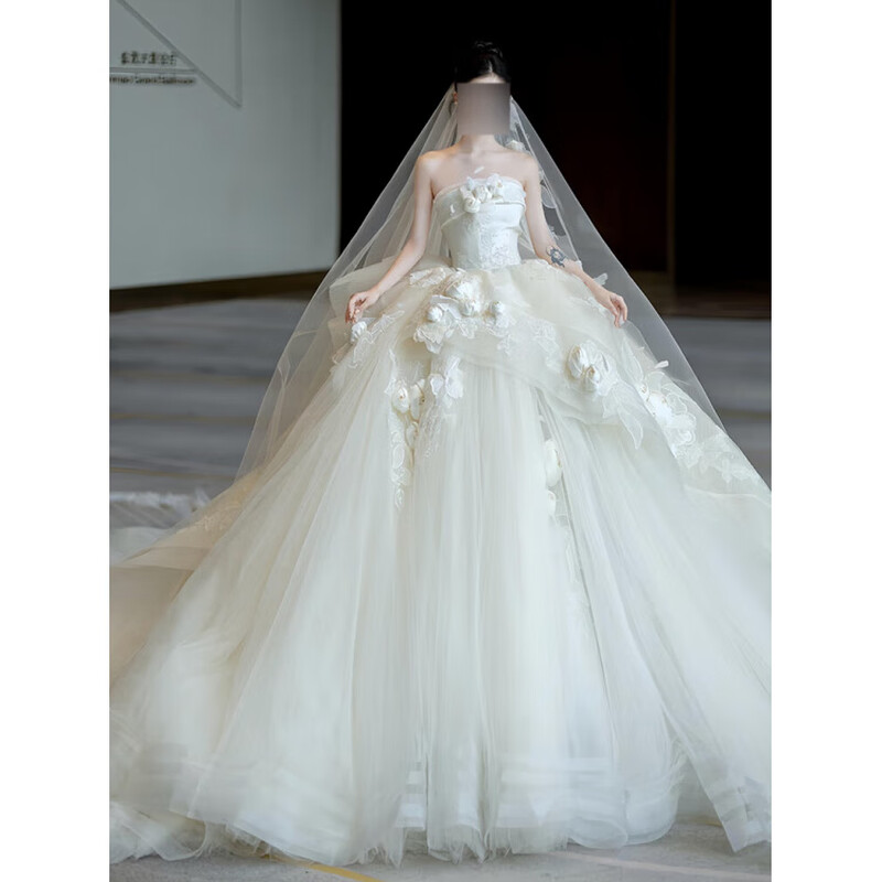 Xiaohanlu wedding dress bridal main yarn high-end French main 2025 new style tube top wedding going out yarn super fairy flower style light yarn floor-length style + wedding dress 3-piece set M recommended within 95 pounds
