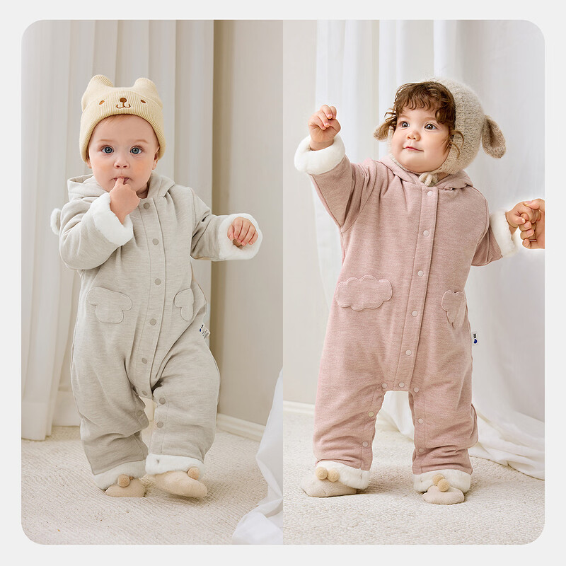 Minibala baby clothes for men and women, velvet-lined cotton jumpsuits, hooded rompers, autumn and winter ash card 50508 80cm