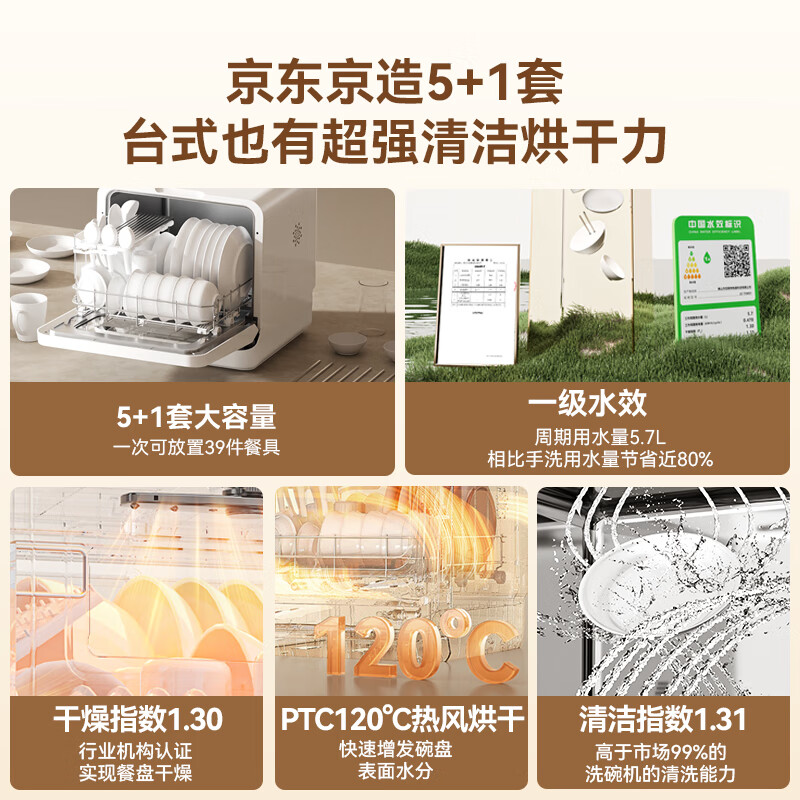 New product made in Jingdong, 5+1 set of desktop dishwashers, newly upgraded 120 hot air drying, first-class water efficiency, high temperature sterilization, movable bowl basket, household small size, no installation required