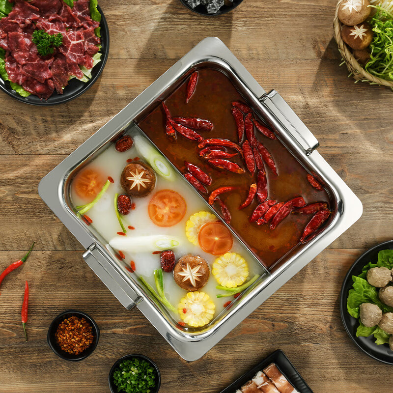 Fat Donglai's same style four-grid hot pot 304 stainless steel square pot commercial deepened seabed fishing basin three-layer steel three-layer steel 304 square basin Yuanyang style
