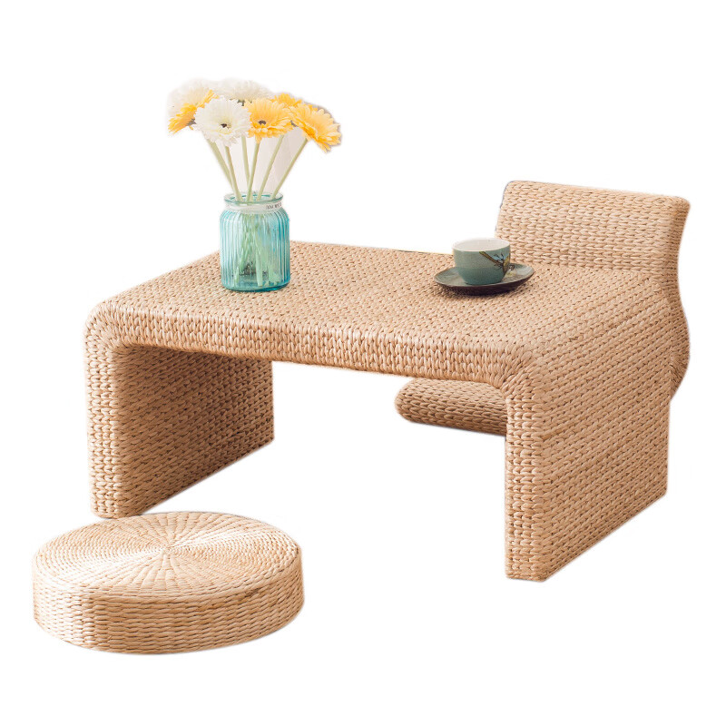 Jingmu Huanian simple solid wood straw woven rattan tatami coffee table bay window table tea ceremony low table rectangular small table balcony floor table extra large coffee table (120 cm) fully assembled