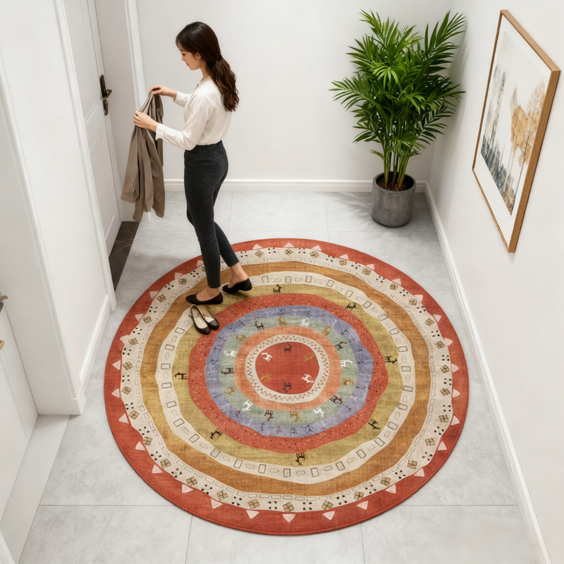 Oulens round carpet light luxury style high-end living room floor mat coffee table blanket bedroom door sofa bedside blanket washable Nordic Red round 100cm*100cm washable without fading