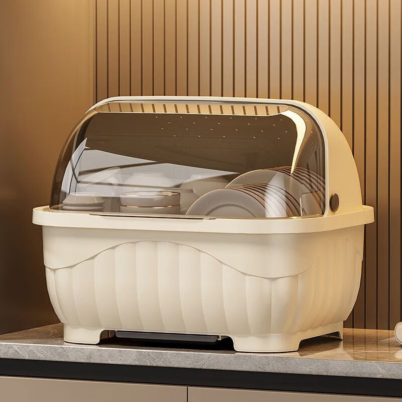 Popular model on the Internet Kitchen tableware storage box cupboard drawer-type storage rack with cover for dishes and dustproof food-grade bottle material 34*26*26cm cream brown can hold 12 bowls or 10 plates